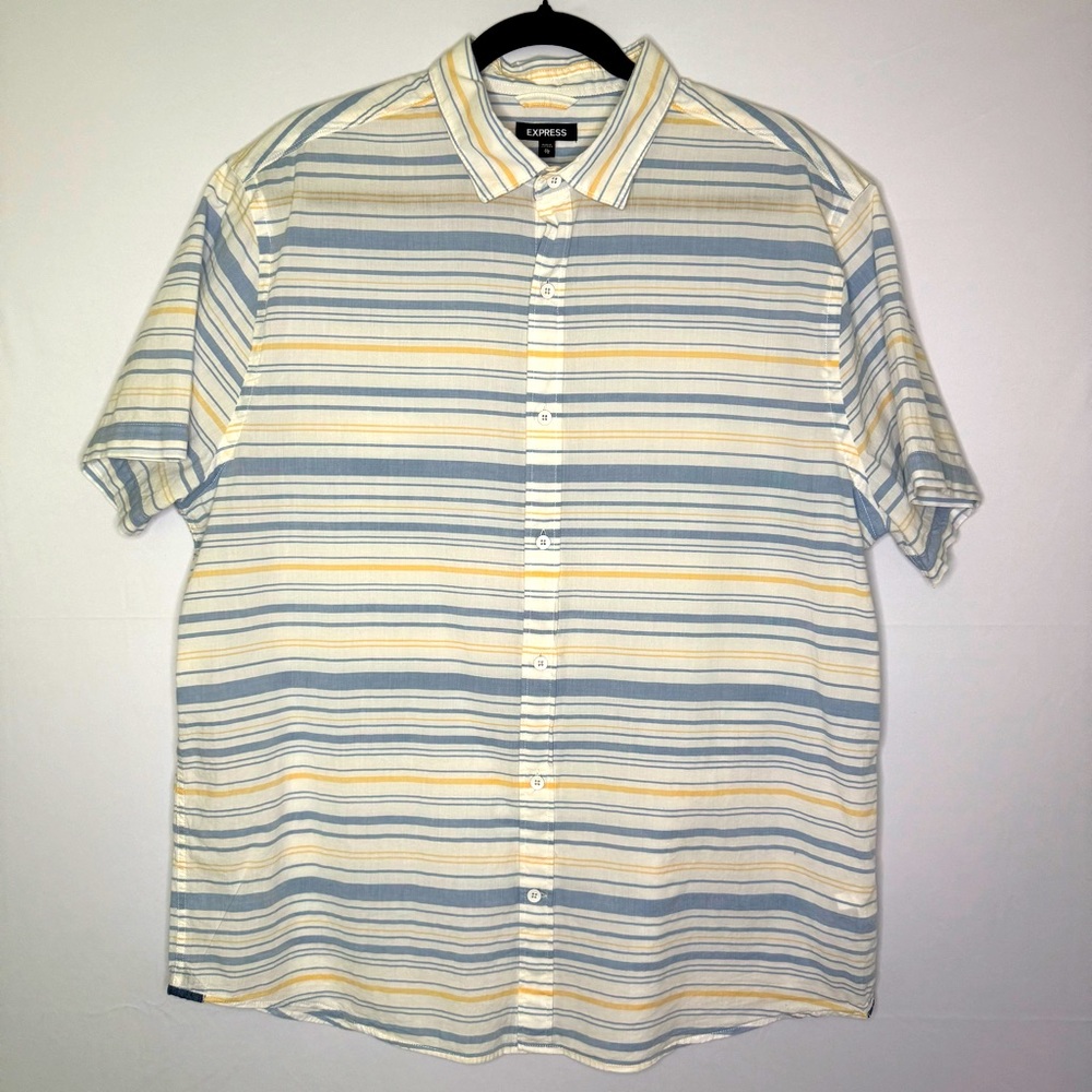 Express Blue and Yellow Casual Button Down Shirt. A1